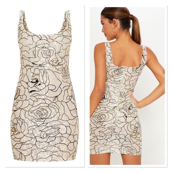 NWT Pretty Little Things Gold Glitter Nude Square Neck Bodycon Mini Dress Size 2 - Picture 2 of 16